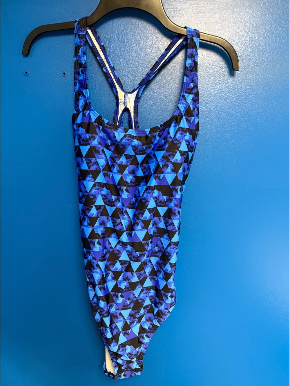 Speedo Girls Size 14 One Piece Swimsuit Blue Geometric Triangle Print